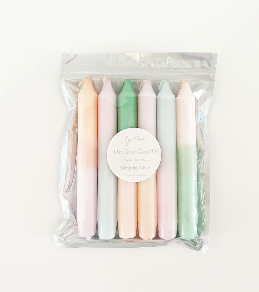 Bougies Dip Dye Birthday Cake – Un pack festif de 6 bougies aux teintes joyeuses et colorées.