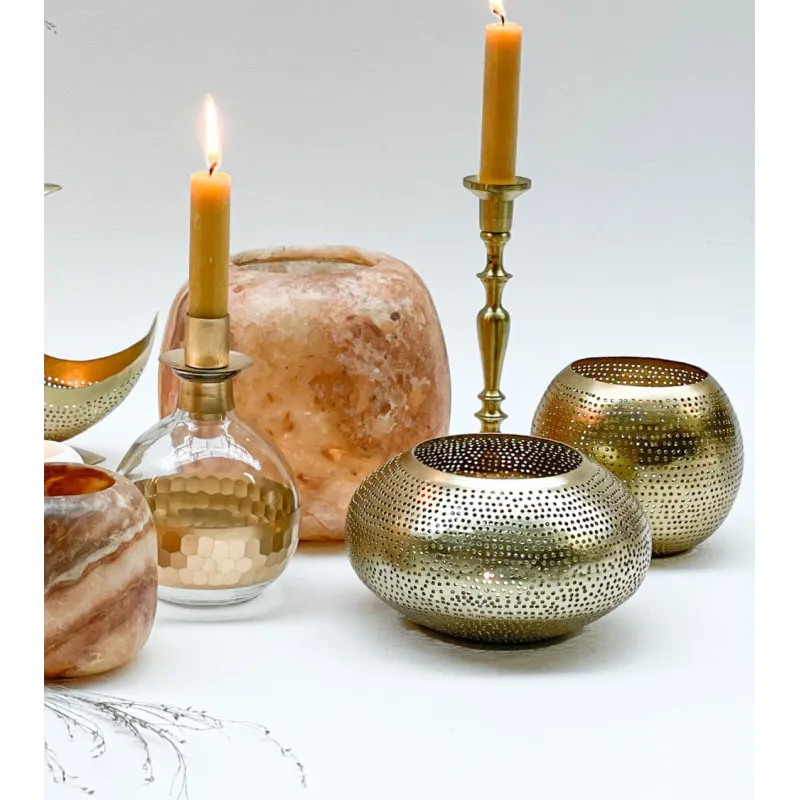 Photophore en laiton doré perforé – Ø 12 cm