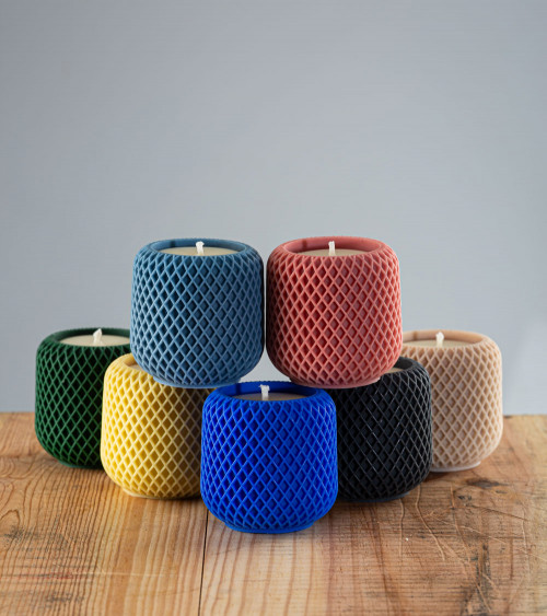 Collection de bougies naturelles et artisanales Inélia, cire végétale de colza, design indigo