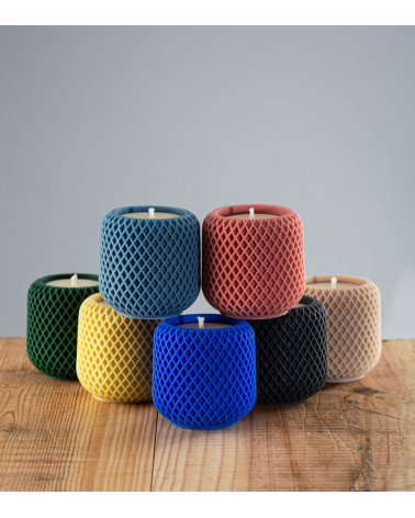 Collection de bougies naturelles et artisanales Inélia, cire végétale de colza, design indigo
