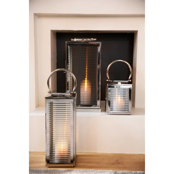 Lanterne Malaga 23 cm – Verre cannelé & inox design