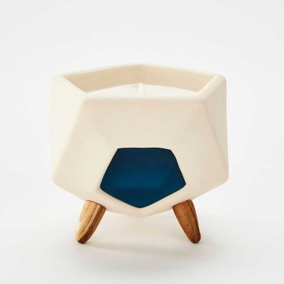Brûle-parfum design OCTOGO BLUE vu de face avec lignes géométriques modernes