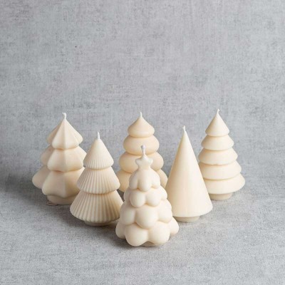 Ensemble de 6 bougies sapins de Noël en cire végétale de colza, fabrication artisanale française.