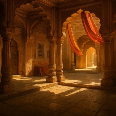 Cour intérieure indienne illustrant la bougie parfumée Santal Maharani