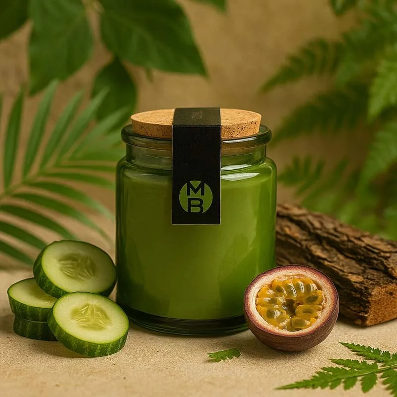 bougie parfumée forêt du Pérou avec les éléments de la pyramide olfactive