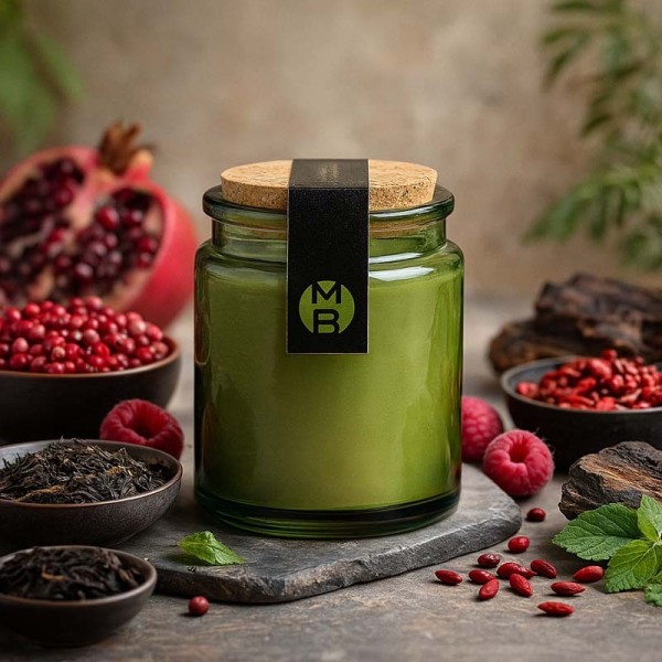 bougie parfumée Goji d’Himalaya avec les éléments de la pyramide olfactive