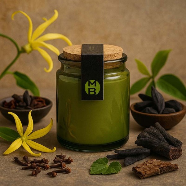 Bougie parfumée Savanne de Tanzanie avec les éléments de la pyramide olfactive