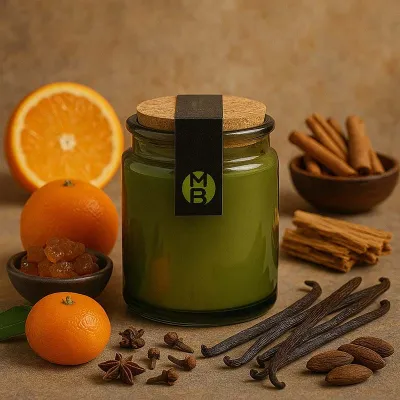 Bougie parfumée Sook d'Essaouira avec les éléments de la pyramide olfactive