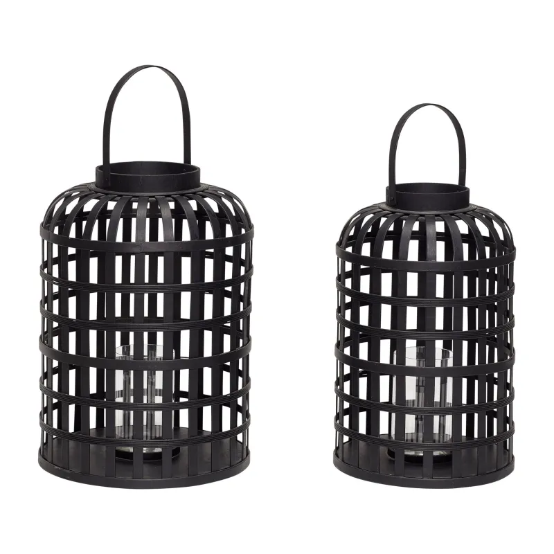 Lanternes rondes en bambou noir - Lot de 2 artisanal